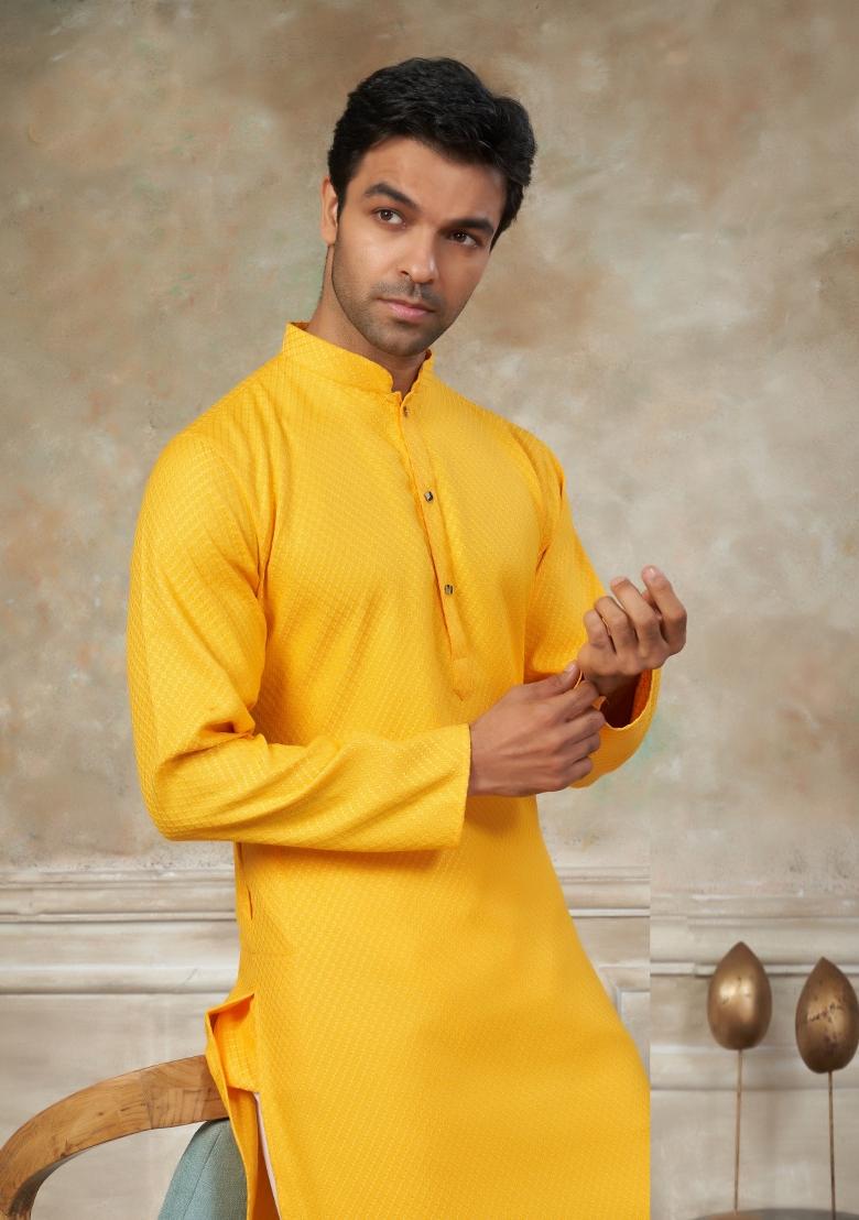 Yellow Schiffli Work Cotton Kurta Pyjama For Men - Indya