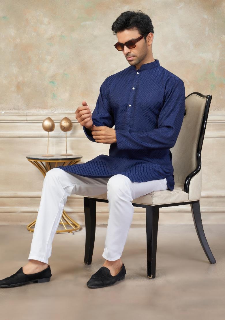 Blue Schiffli Work Cotton Kurta Pyjama For Men - Indya