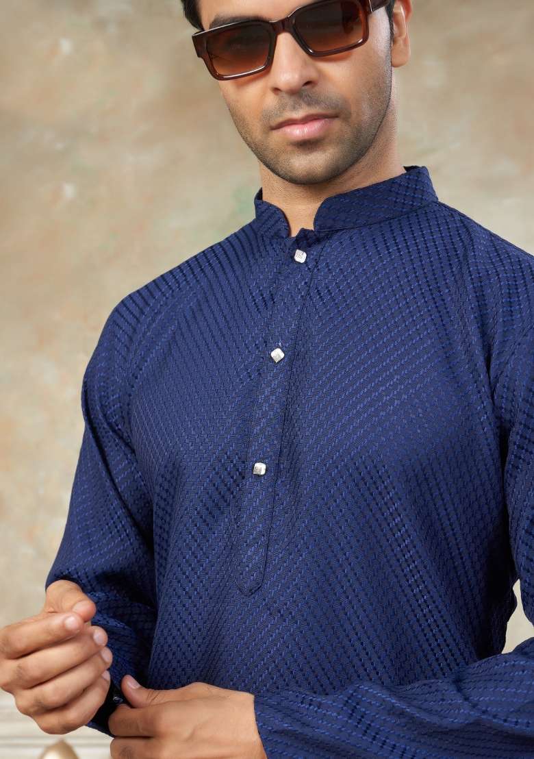 Blue Schiffli Work Cotton Kurta Pyjama For Men - Indya