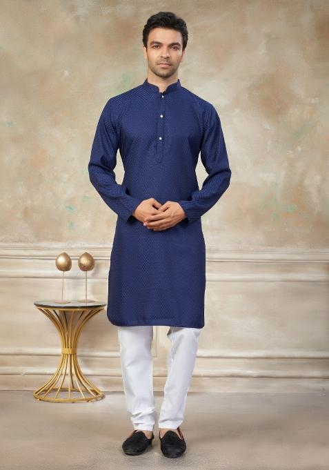 Blue Schiffli Work Cotton Kurta Pyjama For Men