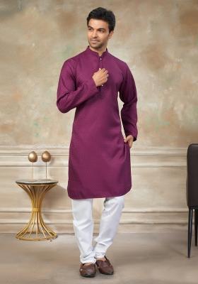 Wine Schiffli Work Cotton Kurta Pyjama For Men