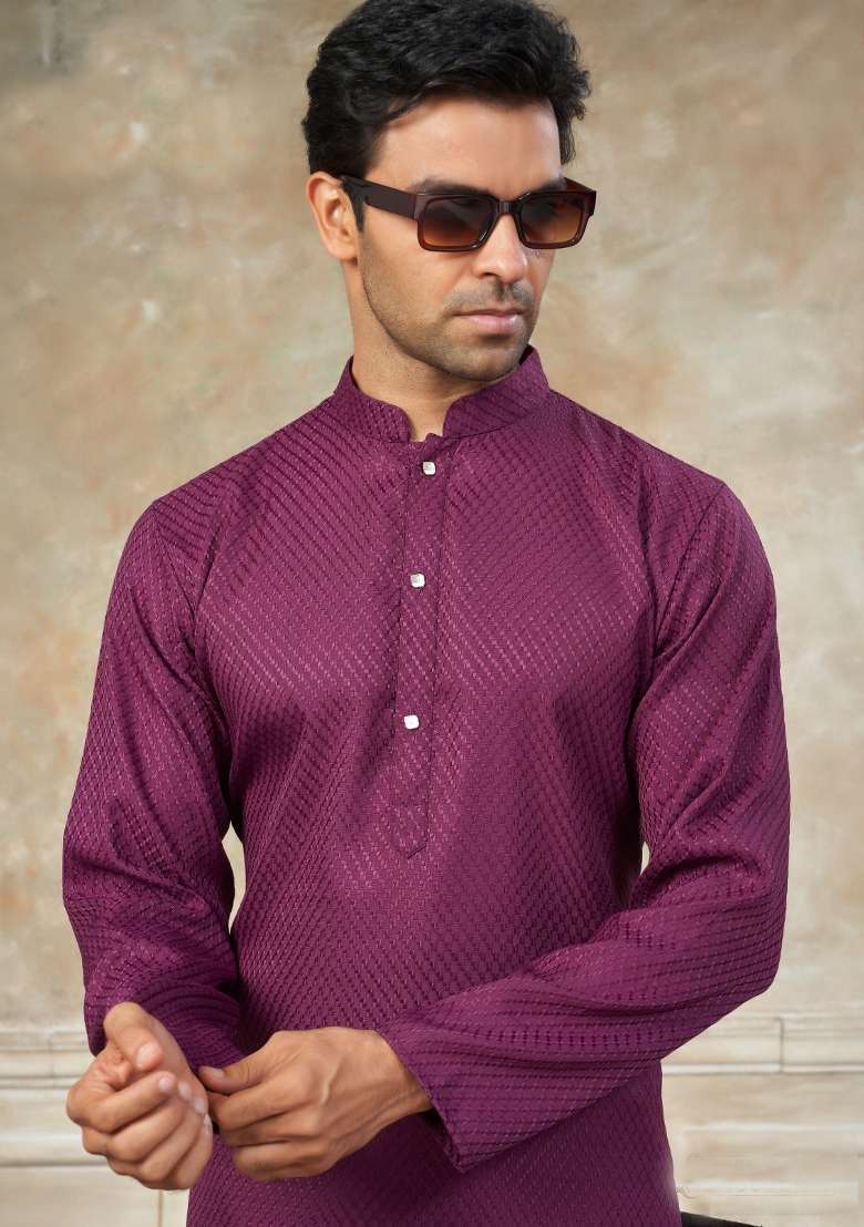 Wine Schiffli Work Cotton Kurta Pyjama For Men - Indya