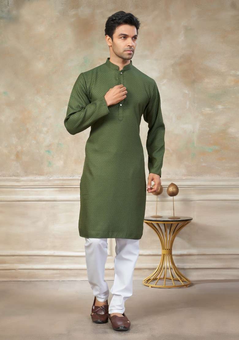 Green Schiffli Work Cotton Kurta Pyjama For Men - Indya