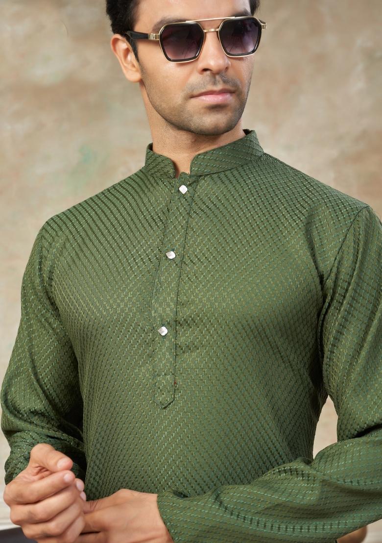 Green Schiffli Work Cotton Kurta Pyjama For Men - Indya