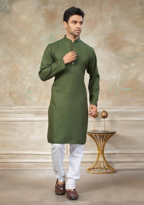 Green Schiffli Work Cotton Kurta Pyjama For Men