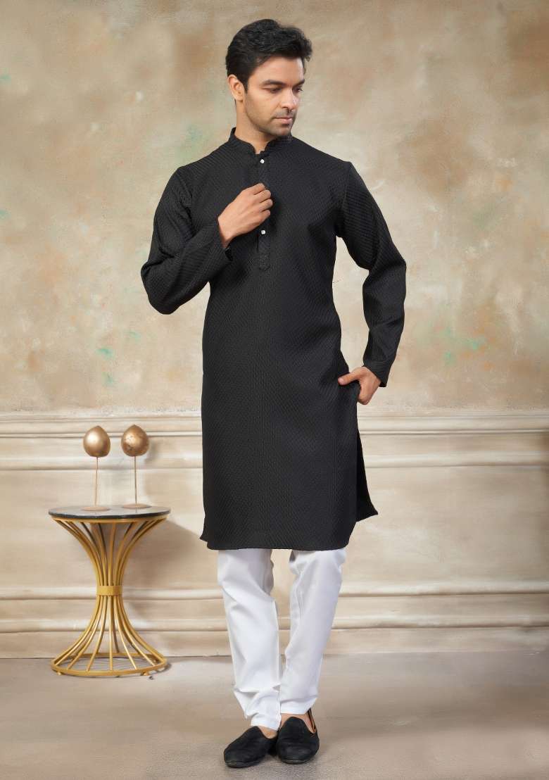 Black Schiffli Work Cotton Kurta Pyjama For Men - Indya