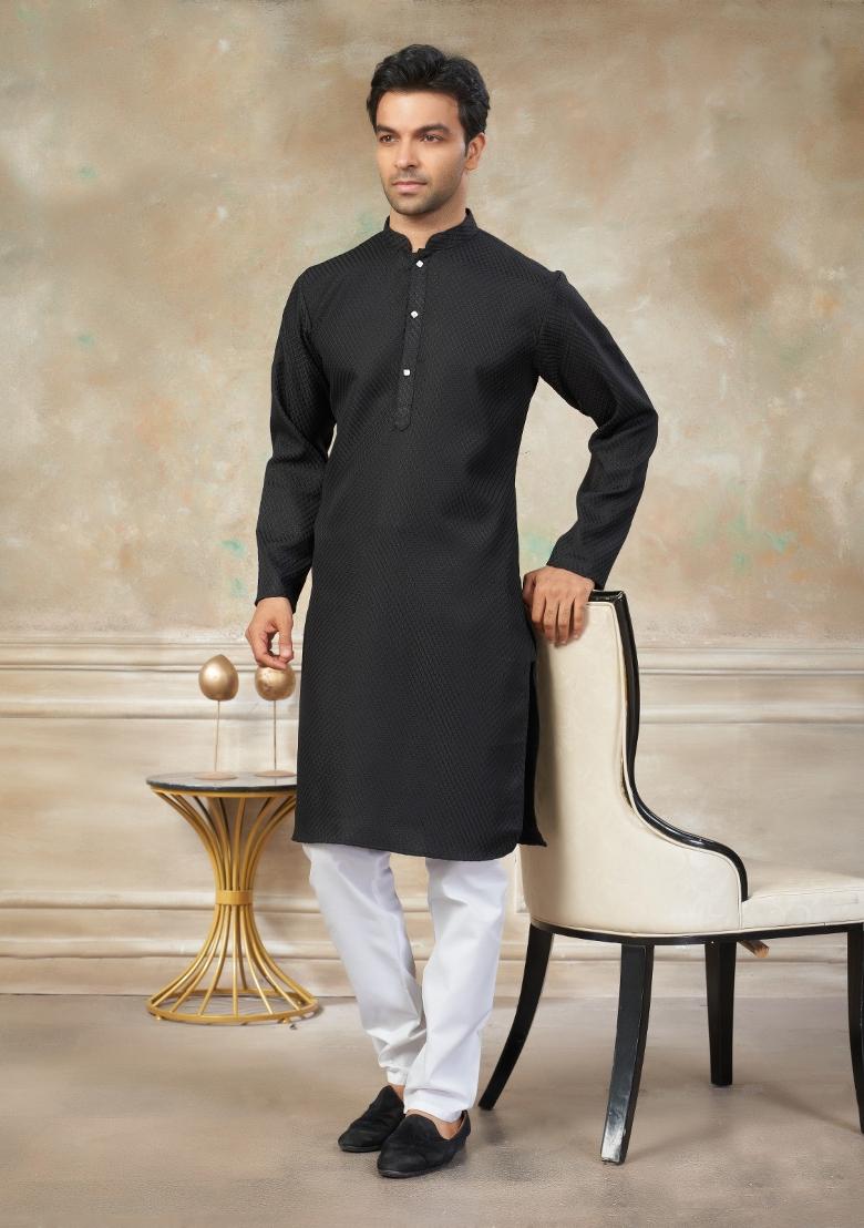Black Schiffli Work Cotton Kurta Pyjama For Men - Indya