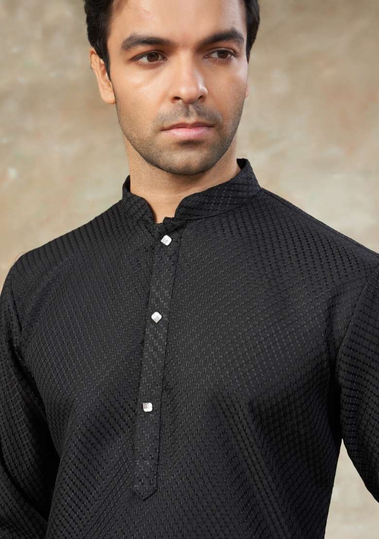 Black Schiffli Work Cotton Kurta Pyjama For Men - Indya