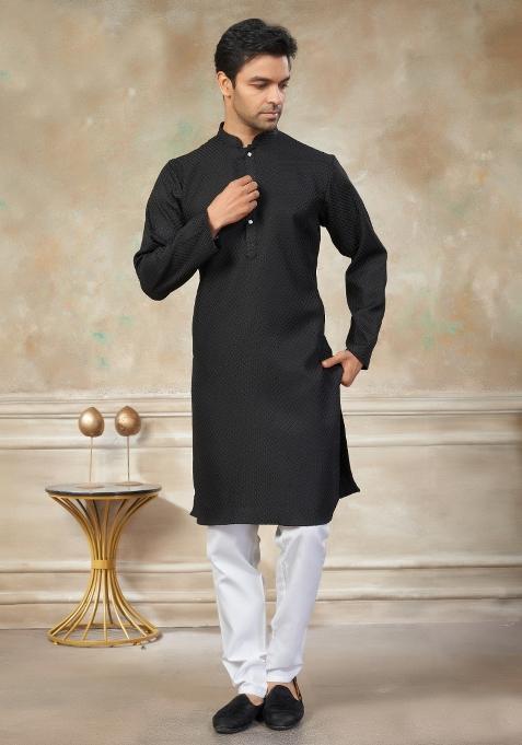 Black Schiffli Work Cotton Kurta Pyjama For Men