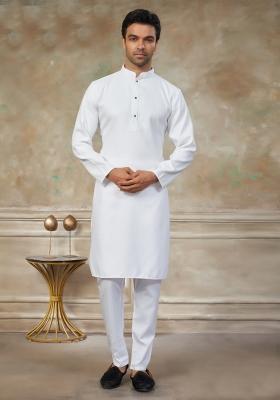 White Schiffli Work Cotton Kurta Pyjama For Men