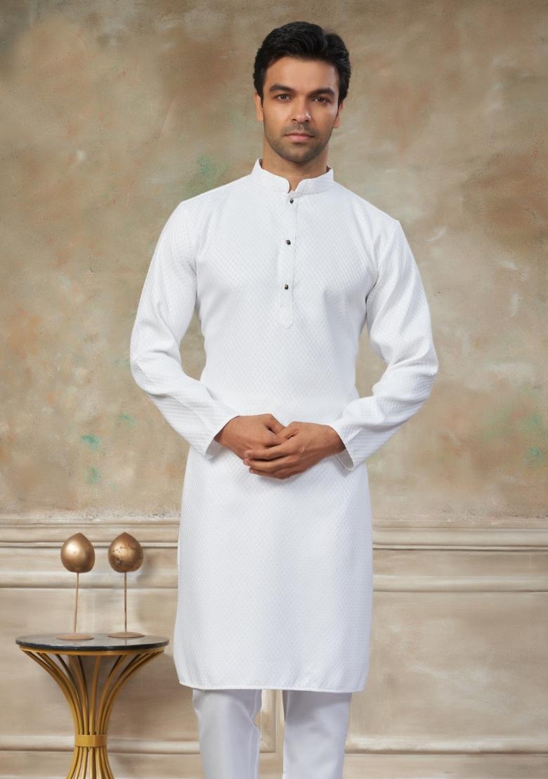 White Schiffli Work Cotton Kurta Pyjama For Men - Indya