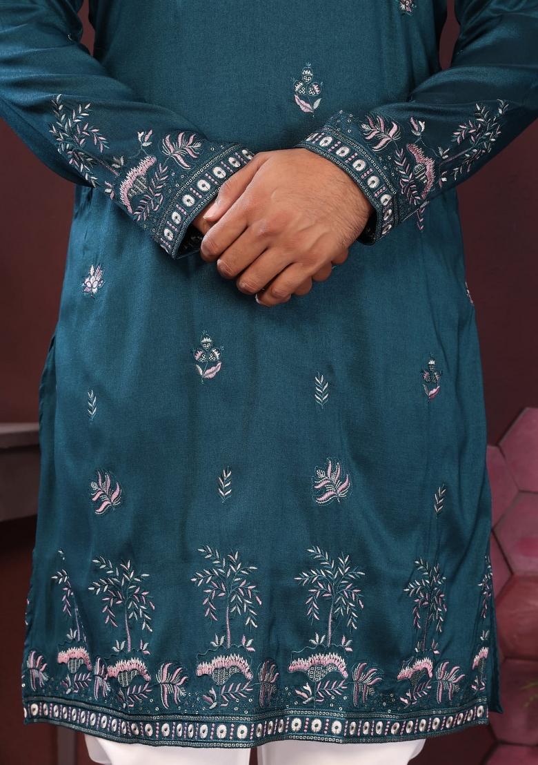 Teal Blue Embroidered Silk Kurta Pyjama For Men - Indya