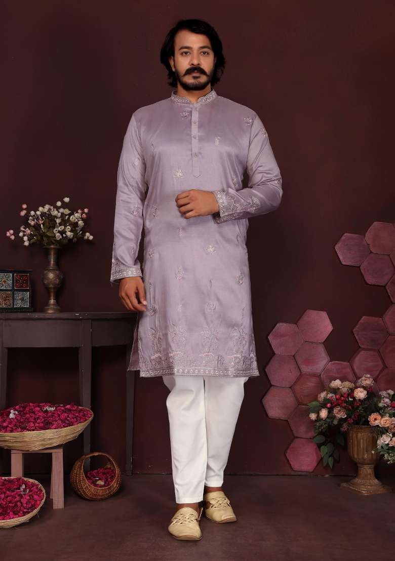 Lavender Embroidered Silk Kurta Pyjama For Men - Indya
