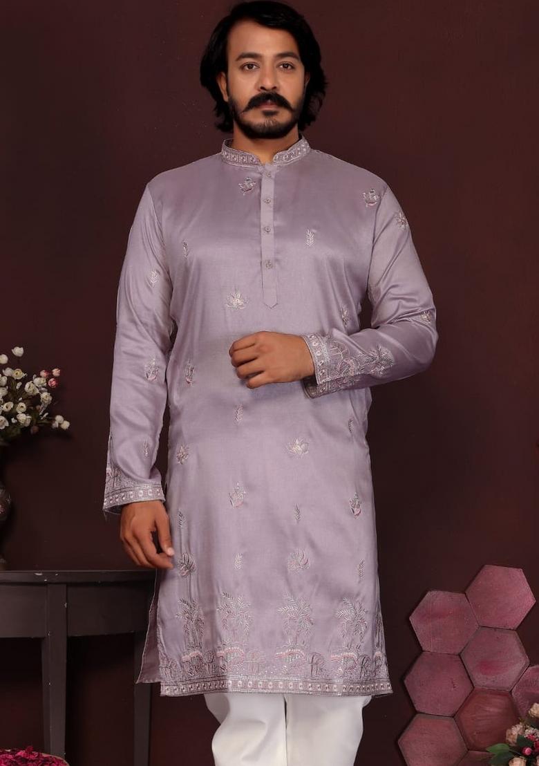 Lavender Embroidered Silk Kurta Pyjama For Men - Indya