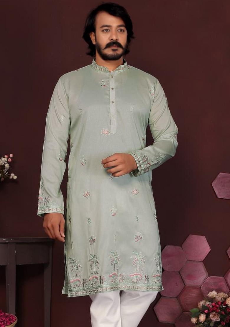 Mint Green Embroidered Silk Kurta Pyjama For Men - Indya