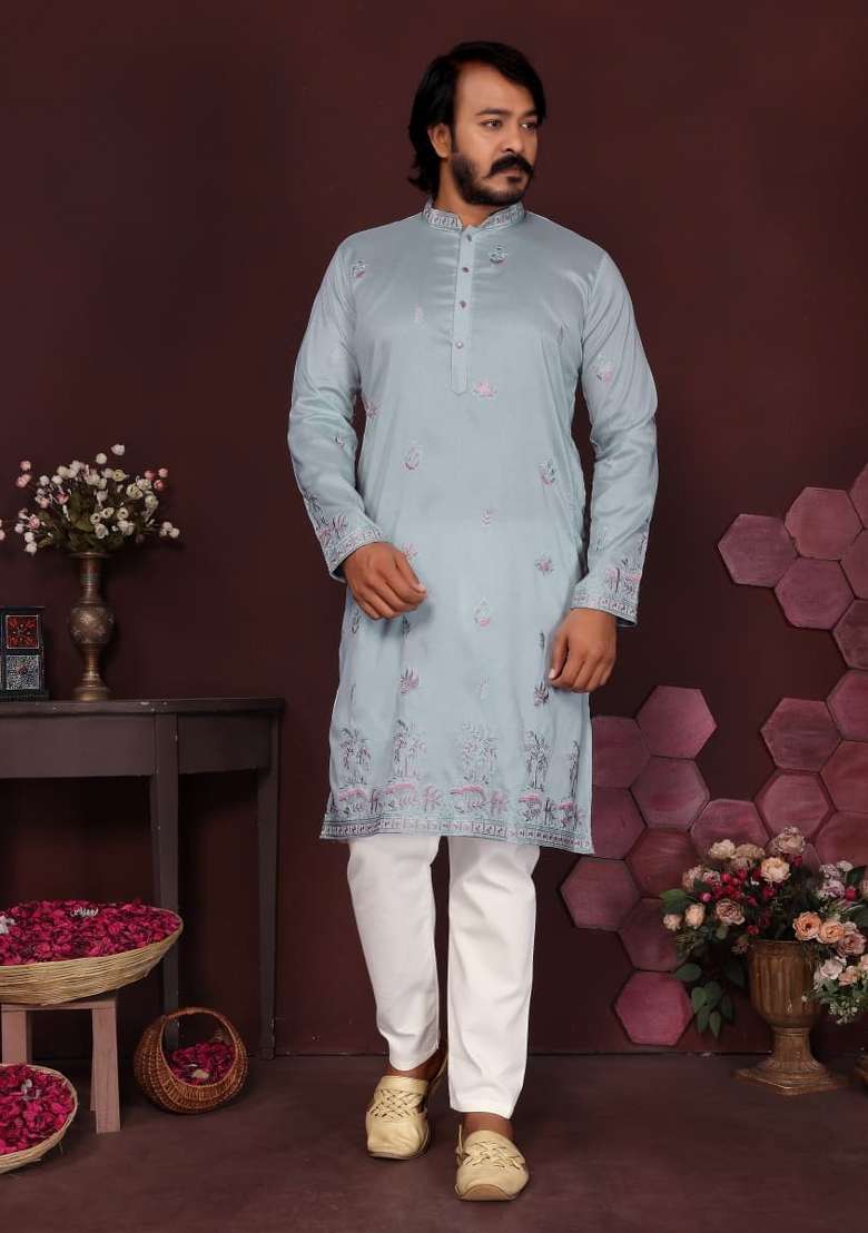 Sky Blue Embroidered Silk Kurta Pyjama For Men - Indya