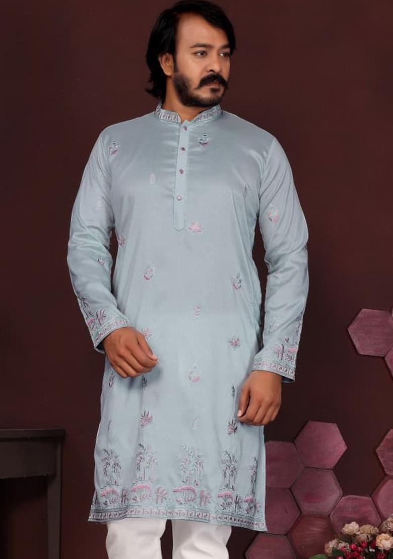Sky Blue Embroidered Silk Kurta Pyjama For Men - Indya