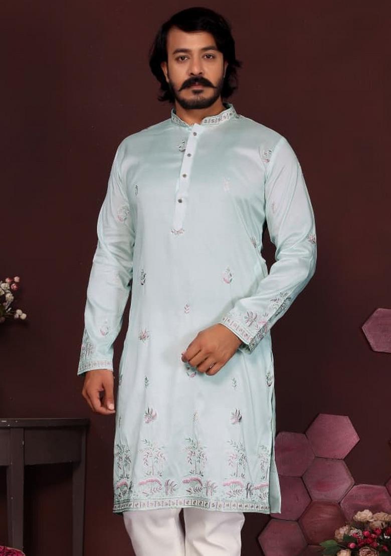 Sea Green Embroidered Silk Kurta Pyjama For Men - Indya