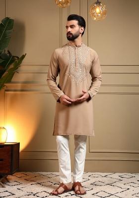 Beige Embroidered Armani Lachko Kurta Pyjama For Men