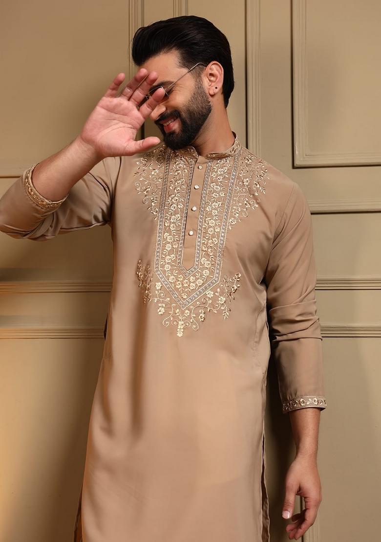 Beige Embroidered Armani Lachko Kurta Pyjama For Men - Indya