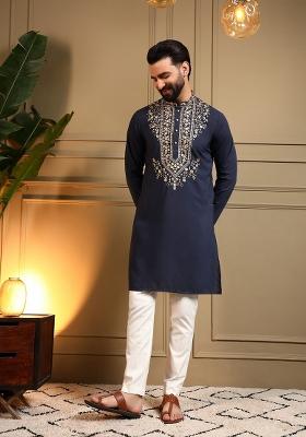 Navy Blue Embroidered Armani Lachko Kurta Pyjama For Men