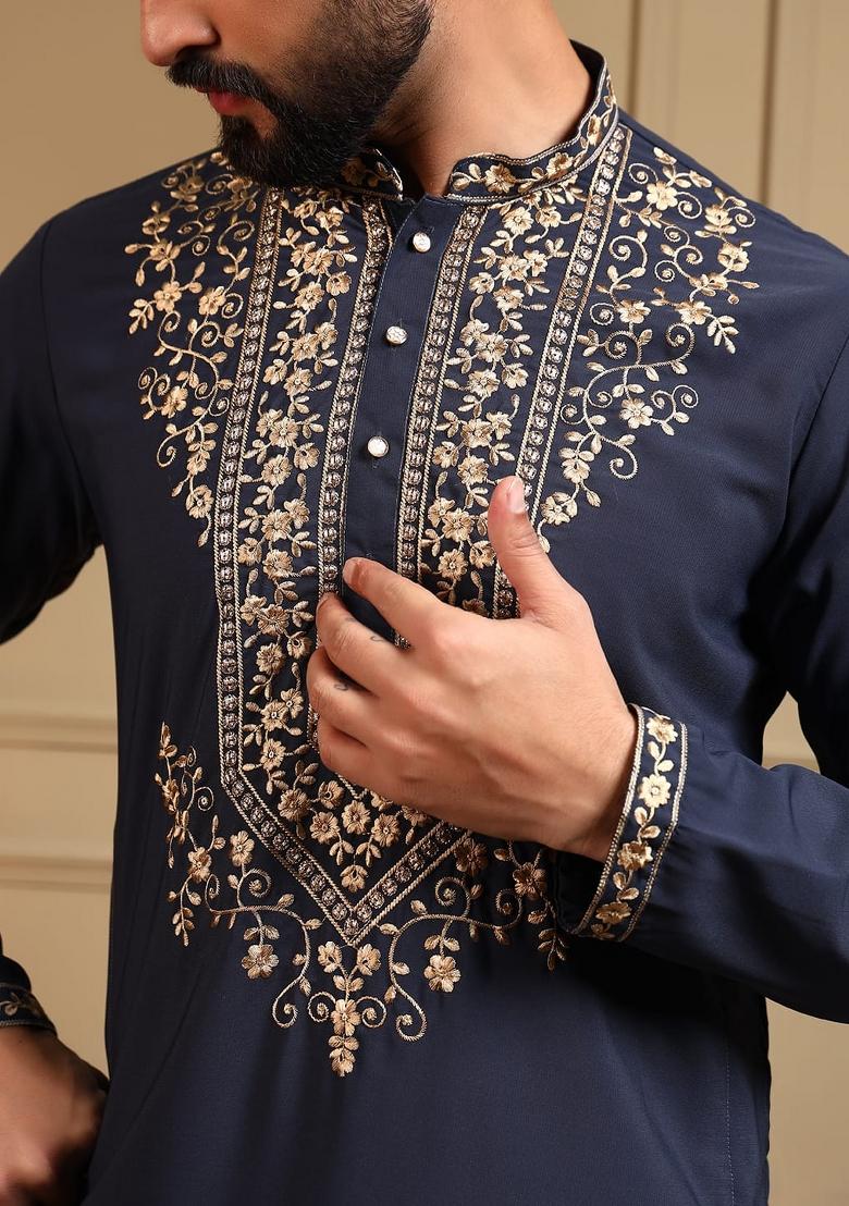 Navy Blue Embroidered Armani Lachko Kurta Pyjama For Men - Indya