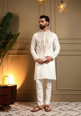 White Embroidered Armani Lachko Kurta Pyjama For Men