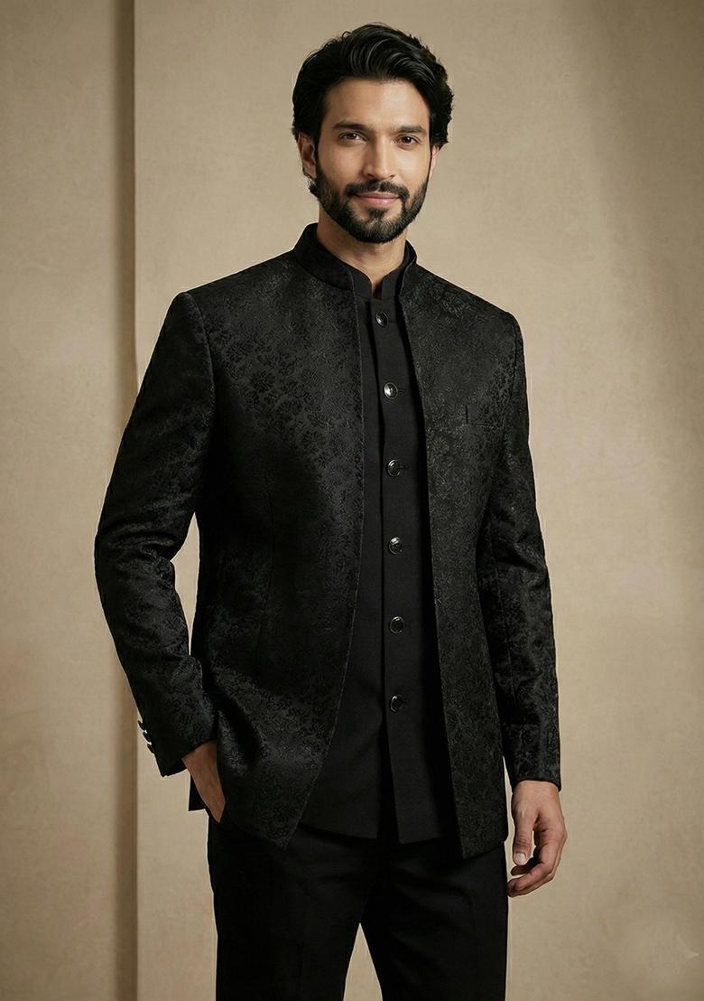 Black Satin Indo Western For Men - Indya