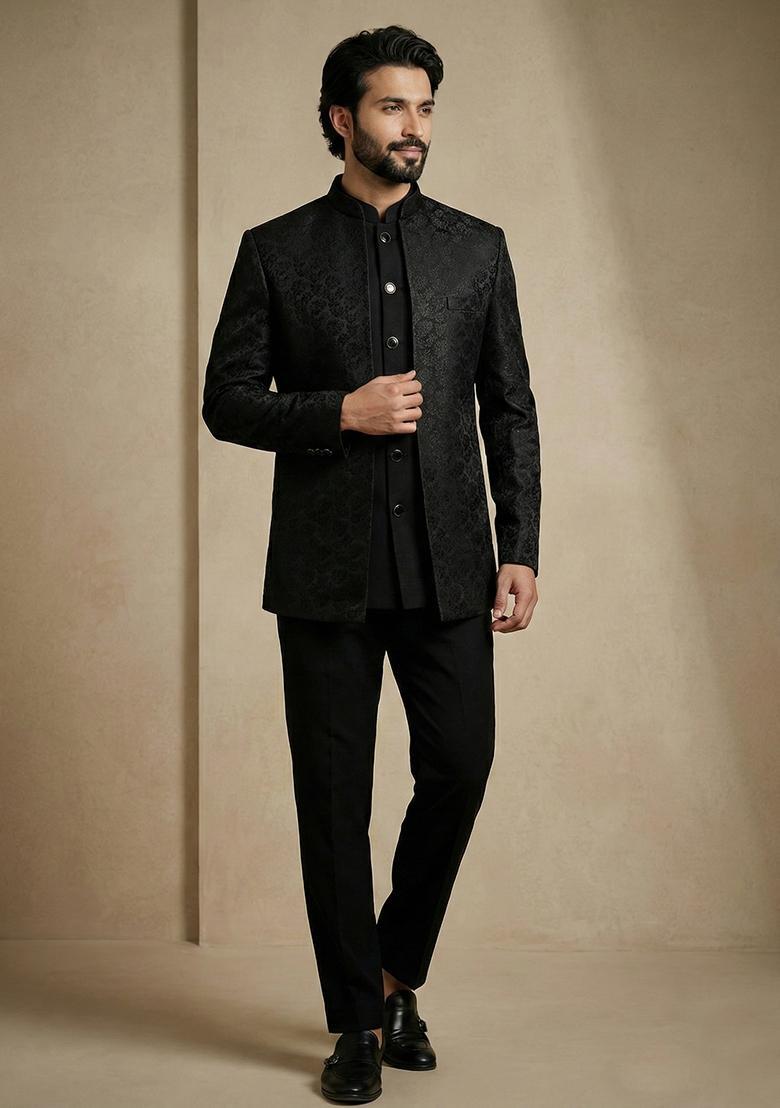 Black Satin Indo Western For Men - Indya