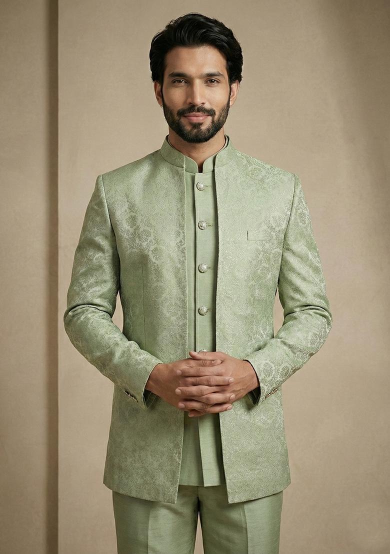 Olive Satin Indo Western For Men - Indya