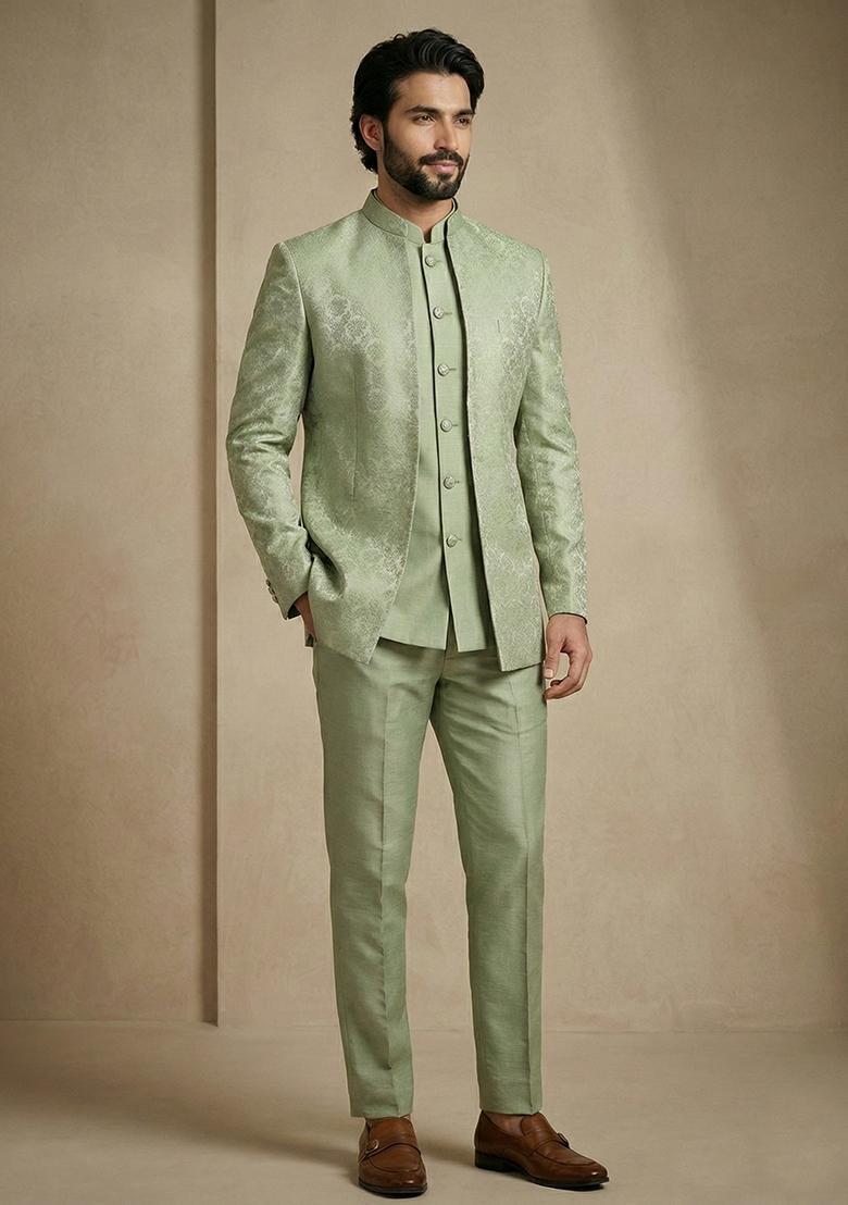 Olive Satin Indo Western For Men - Indya
