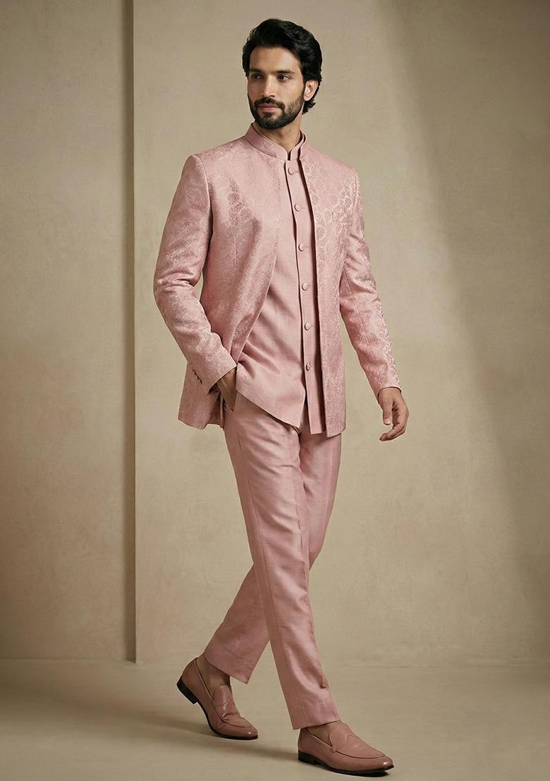 Light Pink Satin Indo Western For Men - Indya
