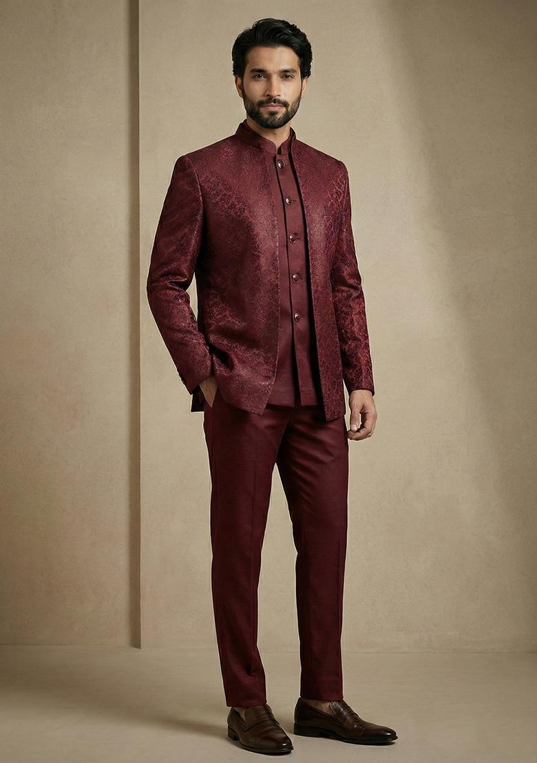 Dark Maroon Satin Indo Western For Men - Indya