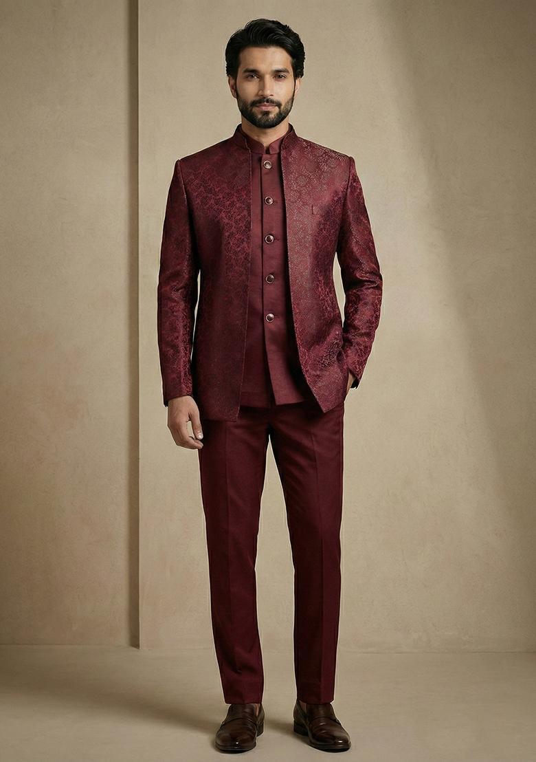 Dark Maroon Satin Indo Western For Men - Indya