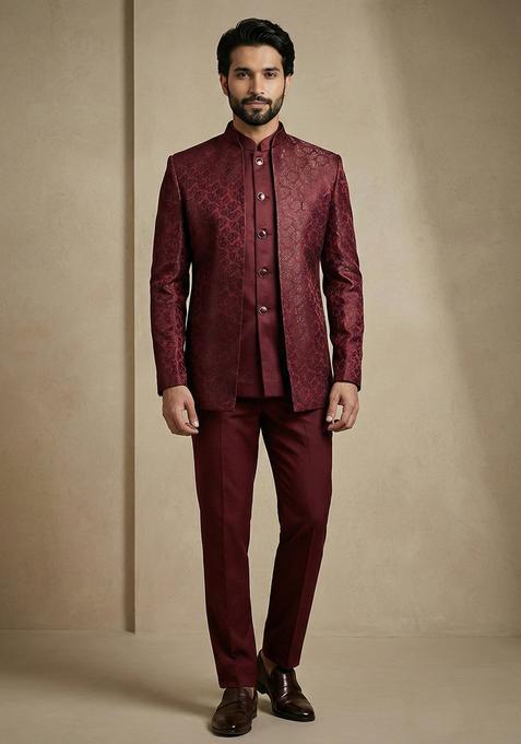 Dark Maroon Satin Indo Western For Men