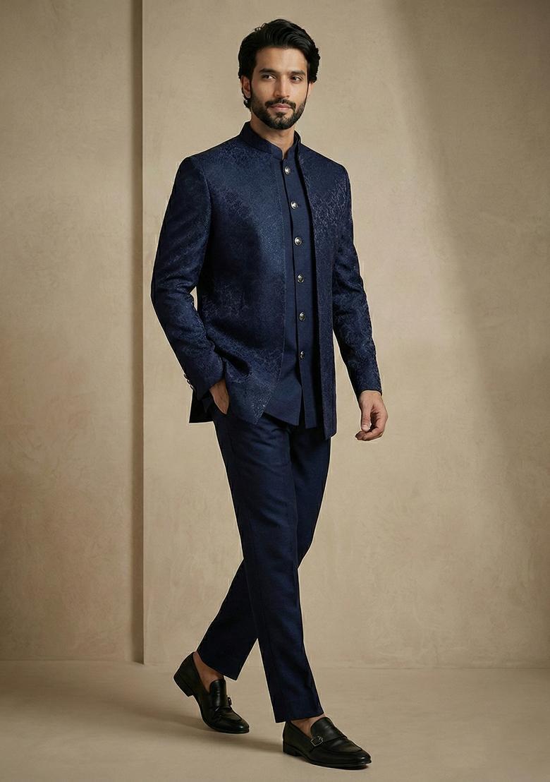 Navy Blue Satin Indo Western For Men - Indya