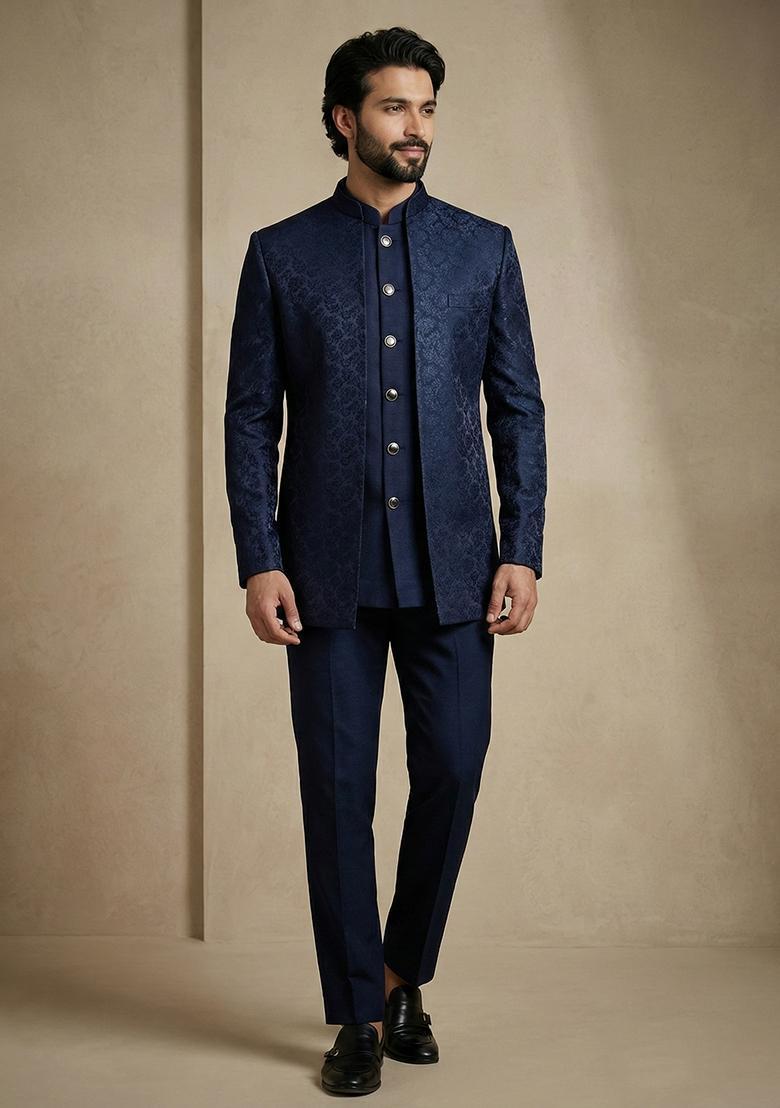 Navy Blue Satin Indo Western For Men - Indya
