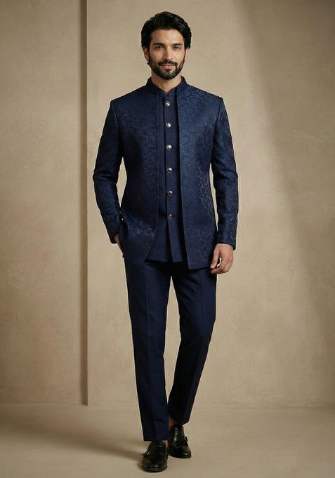 Navy Blue Satin Indo Western For Men