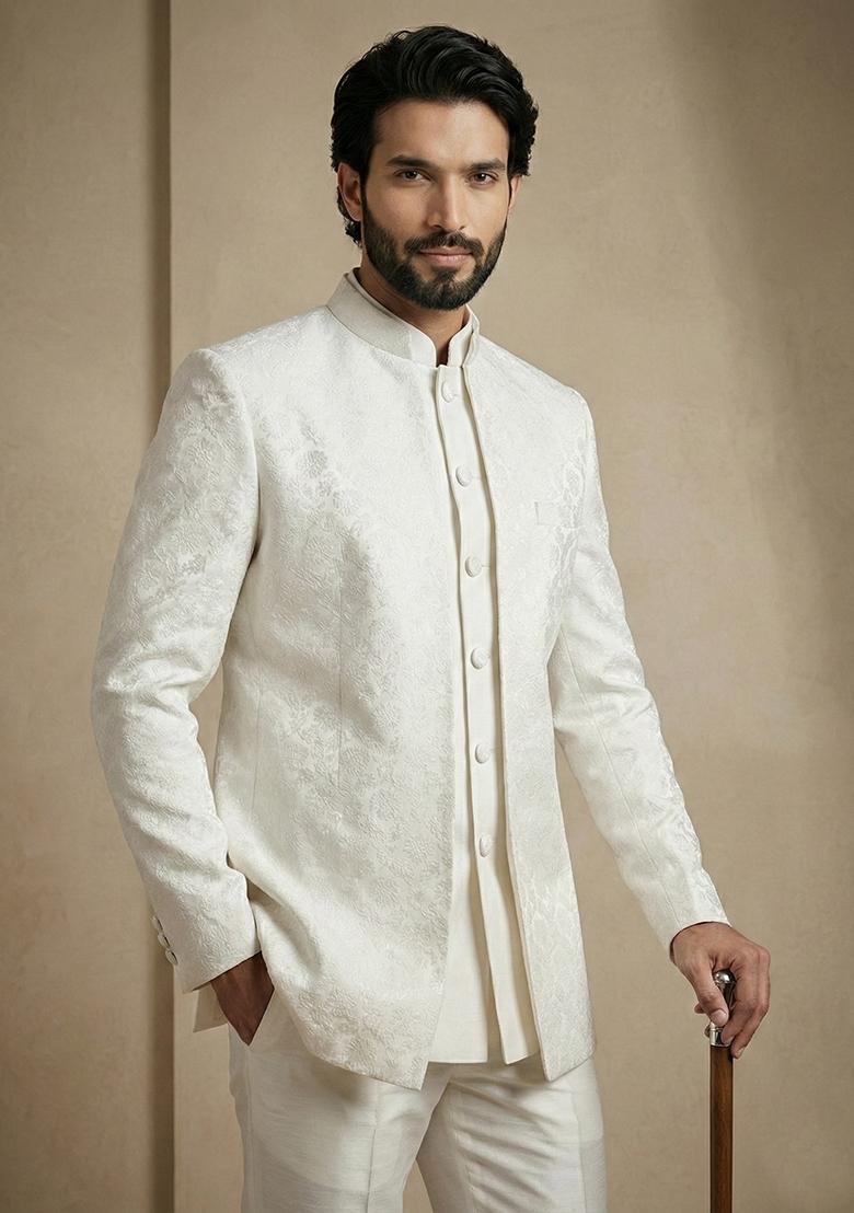White Satin Indo Western For Men - Indya