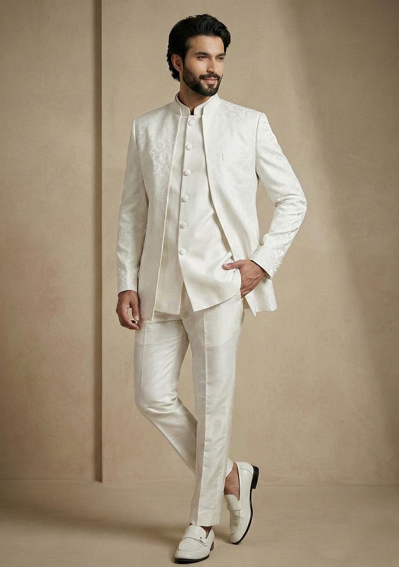 White Satin Indo Western For Men - Indya