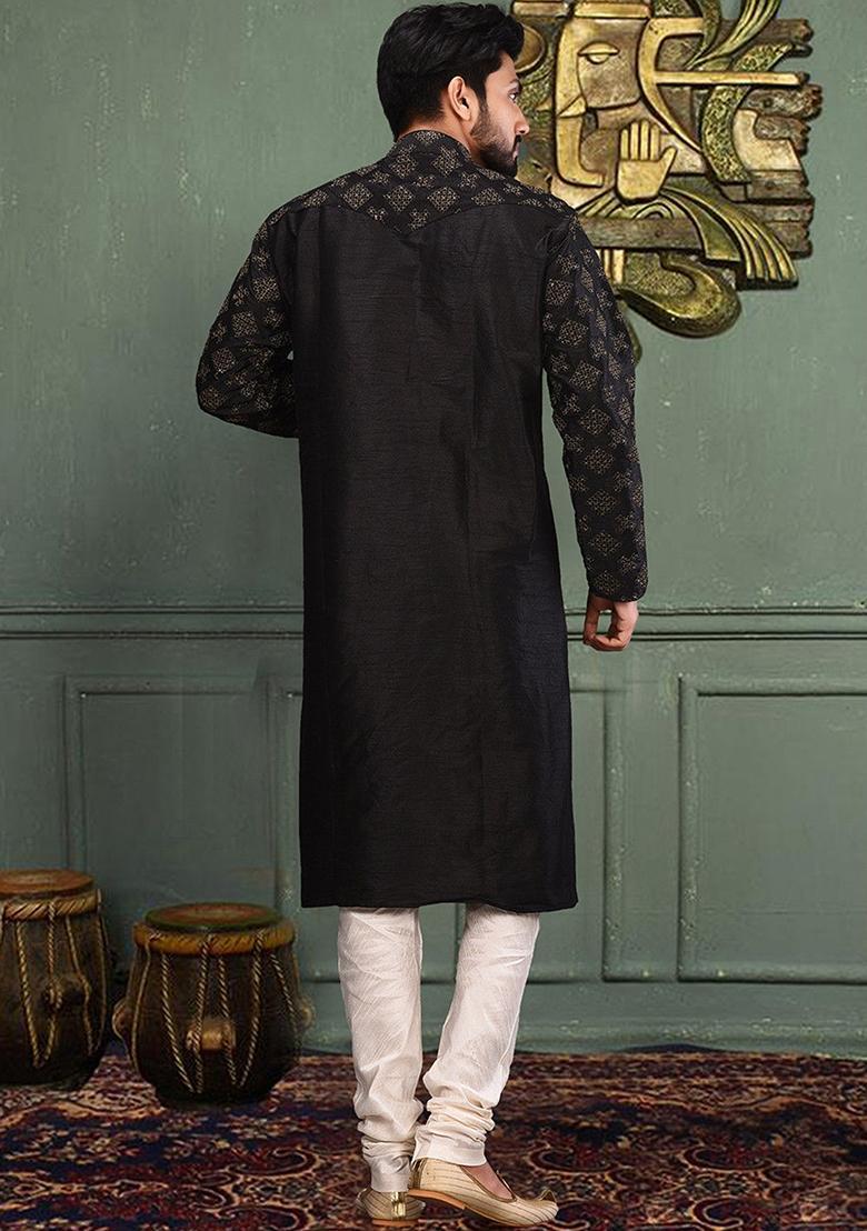 Black Silk Kurta Set For Men - Indya