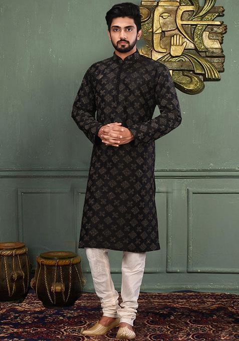 Black Silk Kurta Set For Men