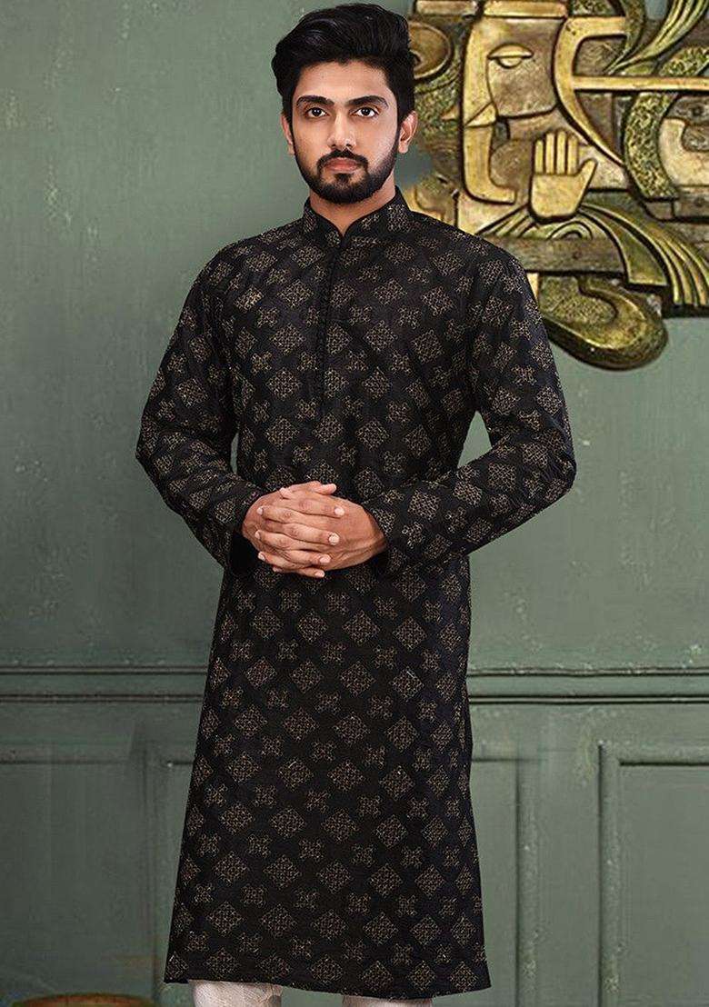 Black Silk Kurta For Men - Indya