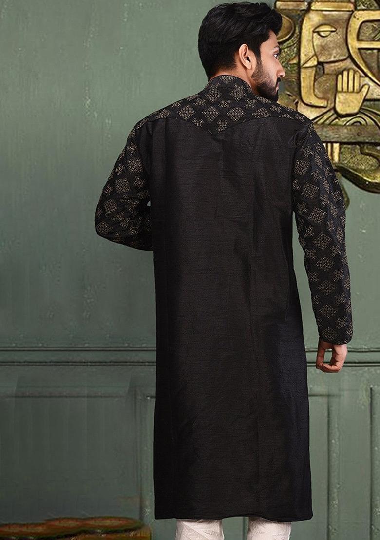 Black Silk Kurta For Men - Indya