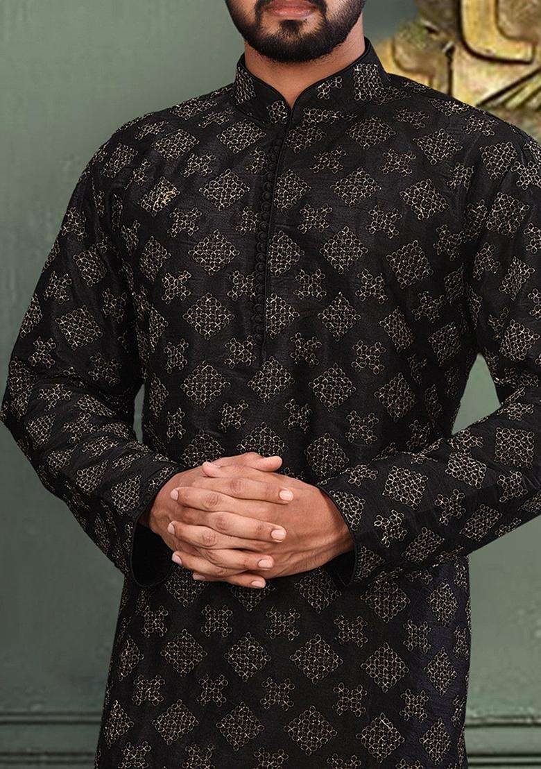 Black Silk Kurta For Men - Indya