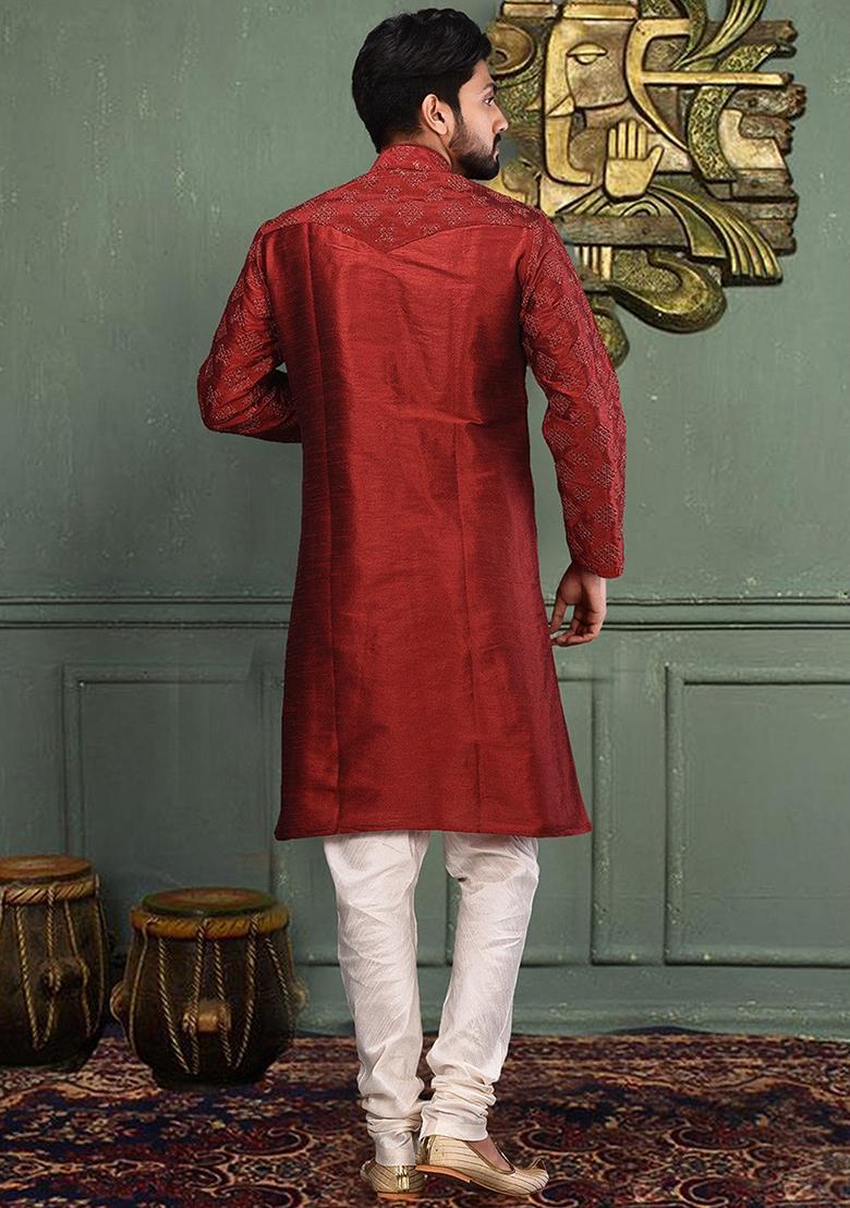 Red Silk Kurta Set For Men - Indya