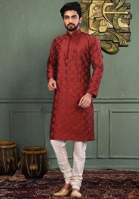 Red Silk Kurta Set For Men