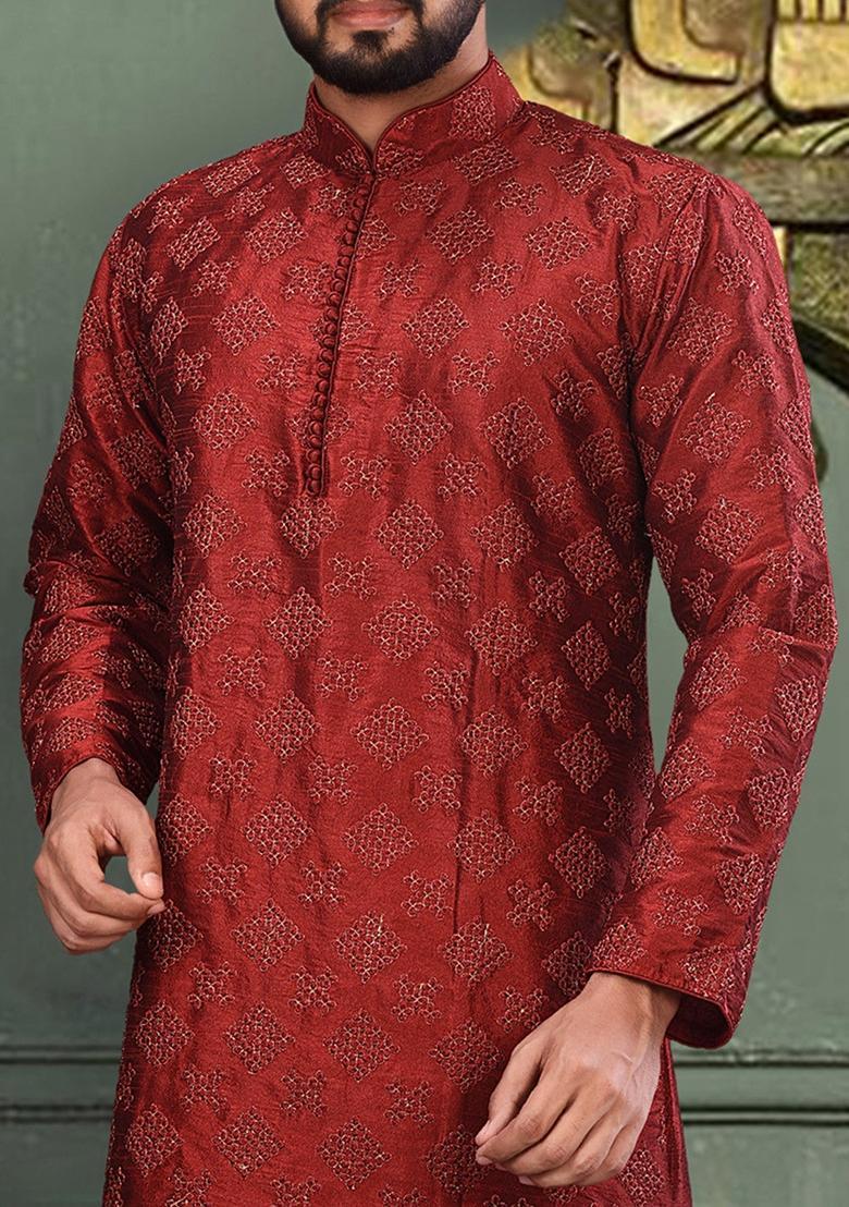 Red Silk Kurta For Men - Indya