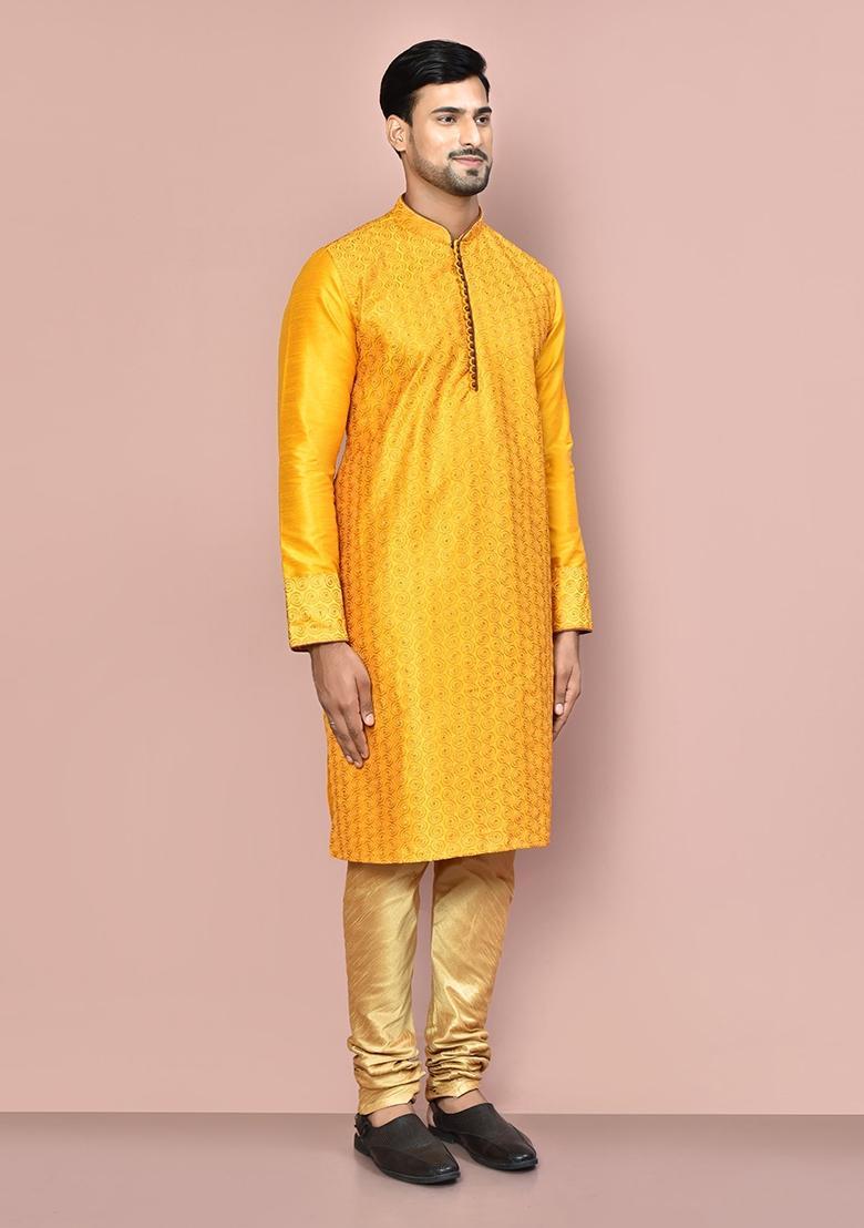 Mustard Silk Kurta Set For Men - Indya