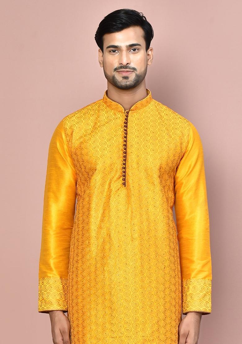Mustard Silk Kurta Set For Men - Indya
